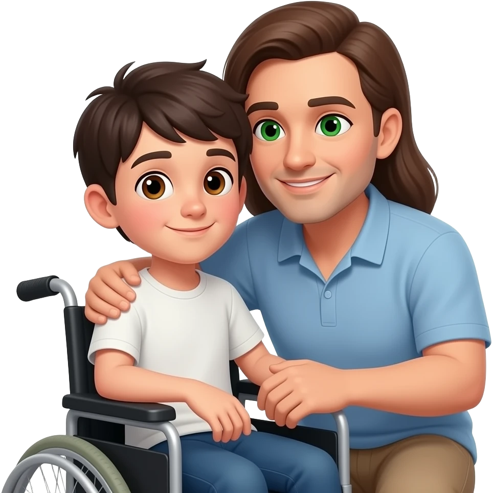 "Emoji WhatsApp minimalista: chico 15, piel blanca, pelo oscuro, ojos marrón, silla de ruedas; madre ojos verdes; padre ojos marrón, pelo corto, leve calvicie, barba mixta; abrazados, líneas simples, colores planos, fondo transparente." emoji