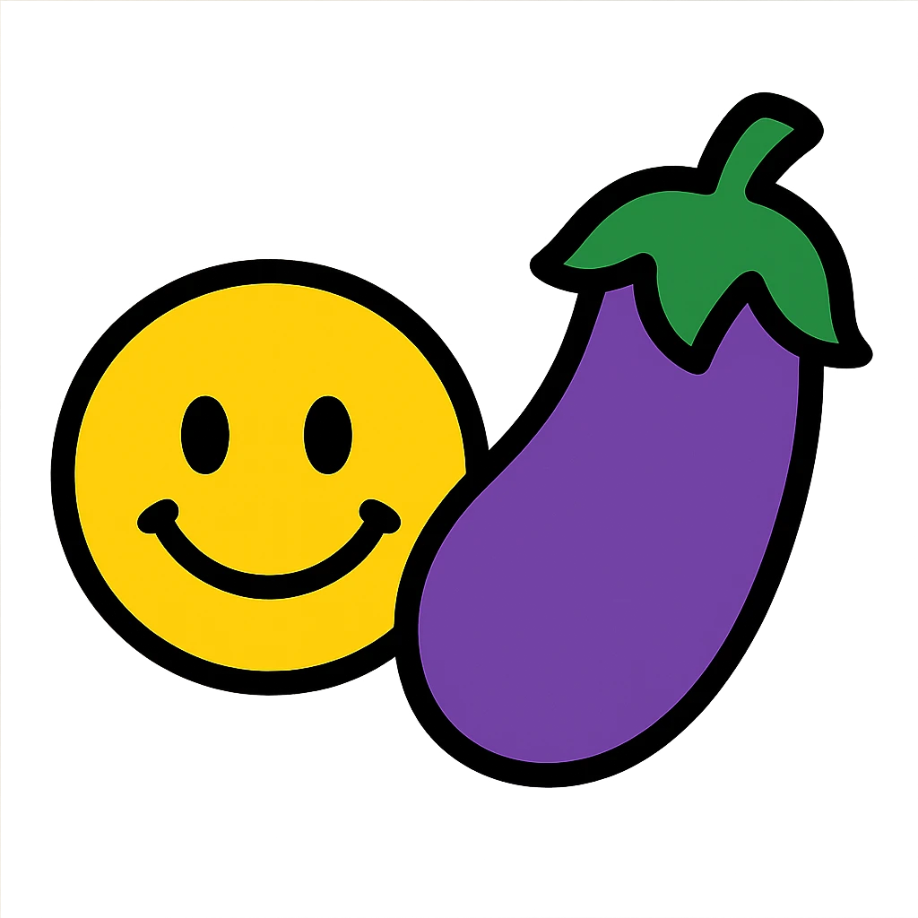 playful smiley face next to an eggplant emoji
