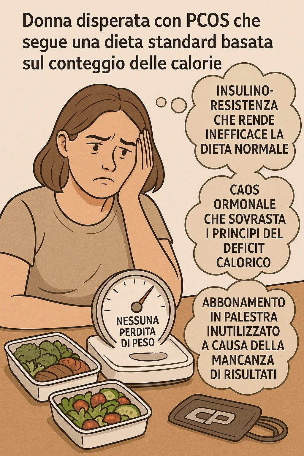 "Desperate woman with PCOS following standard calorie-counting diet, scale showing no weight loss despite strict adherence, expression of confusion and defeat, meal prep containers with healthy foods, insulin resistance making normal dieting ineffective, hormonal chaos overriding caloric deficit principles, gym membership unused due to lack of results scritte in italiano emoji