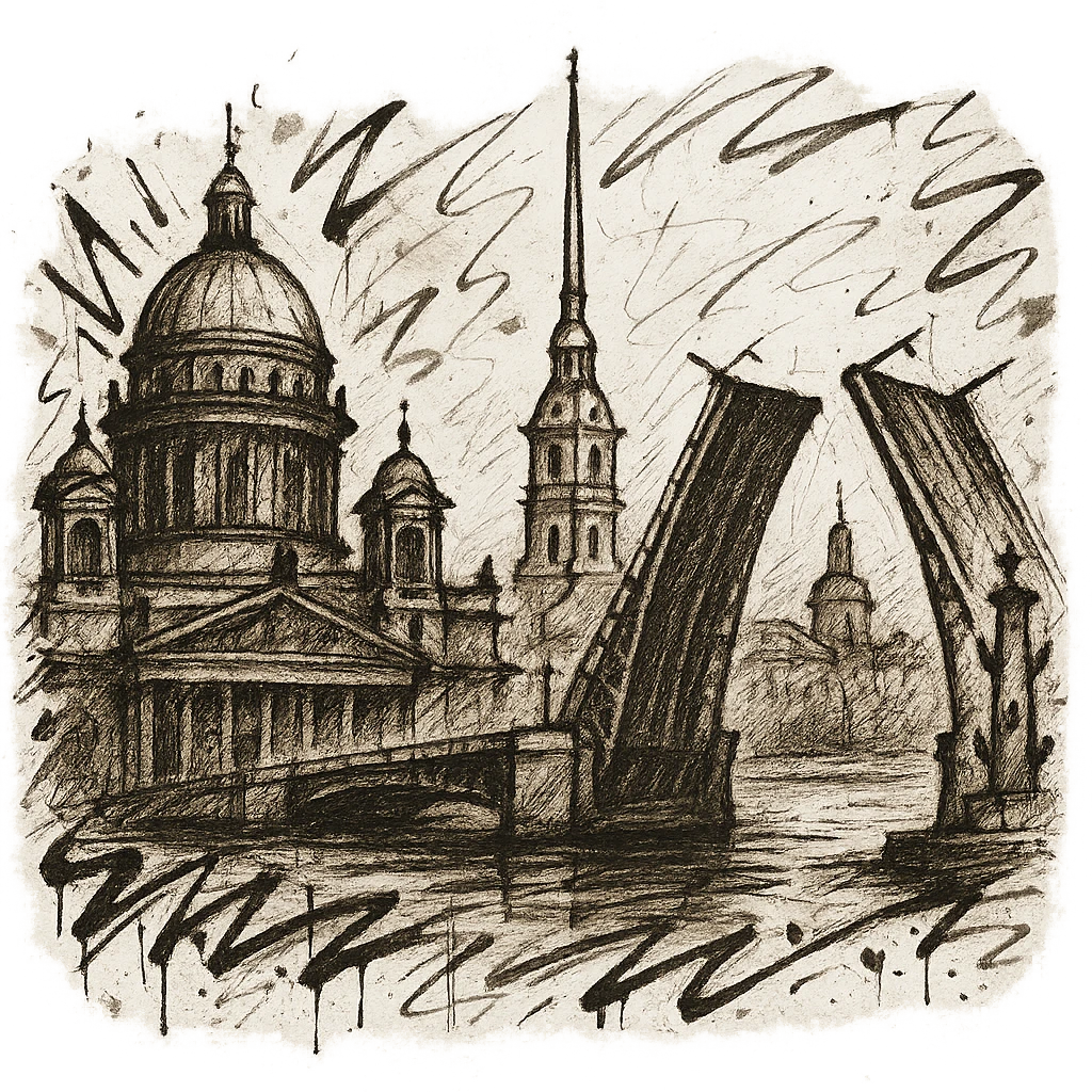 Сделай png рисунок Санкт-Петербурга в стиле граффити. Граффити черно-белое. Надписи не делай.  Рисовка в стиле Да Винчи. emoji