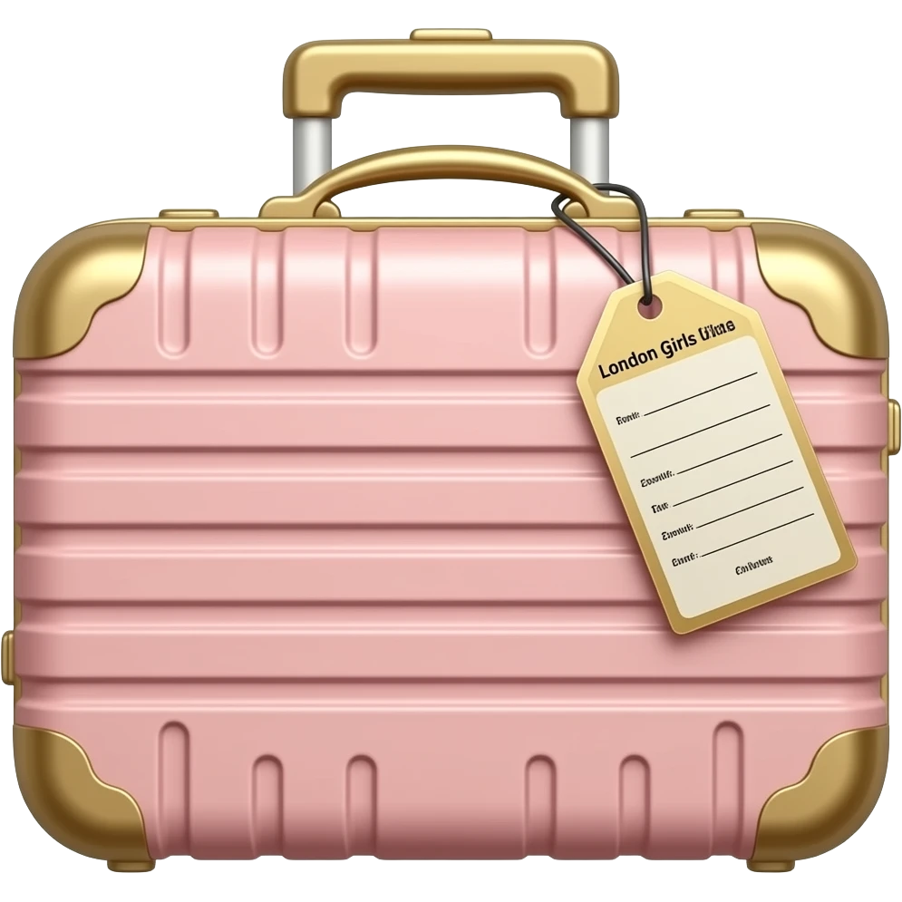 Luxury suitcase for a London girls trip, isolated, centered, no background, blush pink hard shell, gold handles, chic luggage tag, glamorous travel aesthetic emoji
