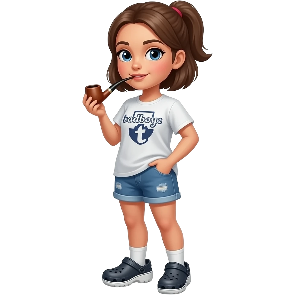 make an emoji of this girl from side view, wearing crocs shoes, t shirt with "badboys" written on it and she is smoking a pipe emoji