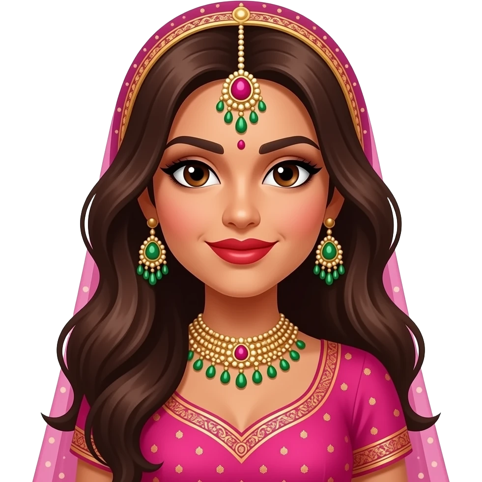 an Indian baddie wearing hot pink with long brown hair darker skin with a red lip and an indian thing on her head emoji