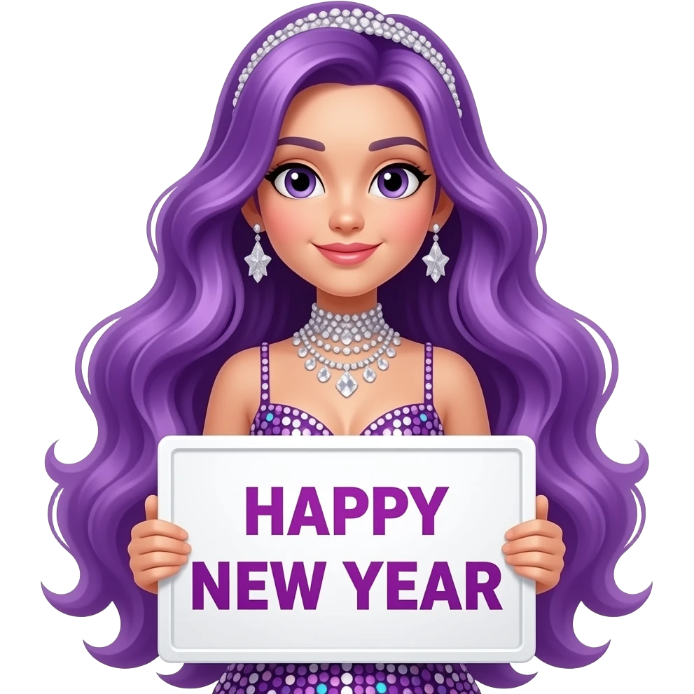 girl with long purple hair wearing a new years eve costume holding a HAPPY NEW YEAR sign emoji