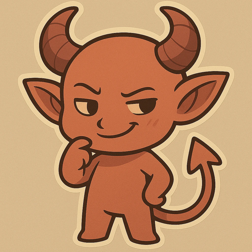 Make this imp look mischievous with a sly grin, raised eyebrow, and a playful, slightly naughty expression, keeping the cute chibi stickers style. emoji