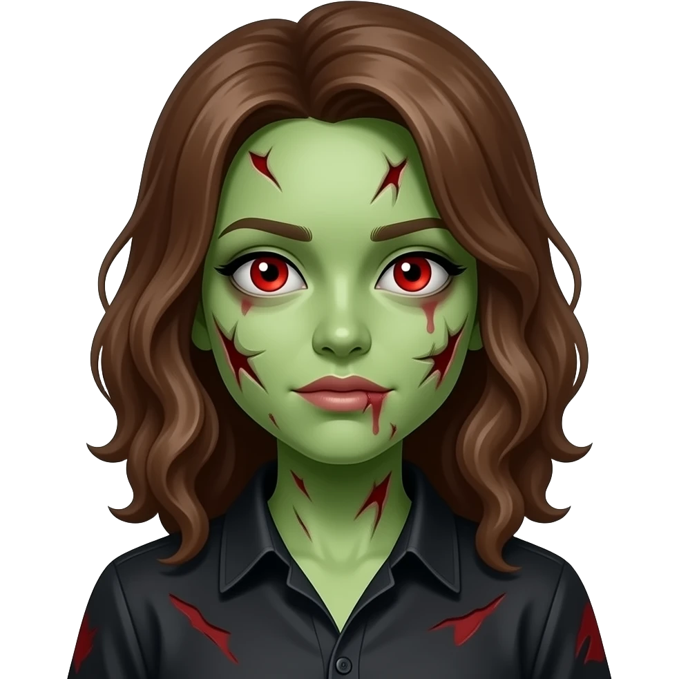 uma menina zumbi de pele verde e estragada com cabelo marrom ondulado e olhos vermelhos e blusa preta emoji