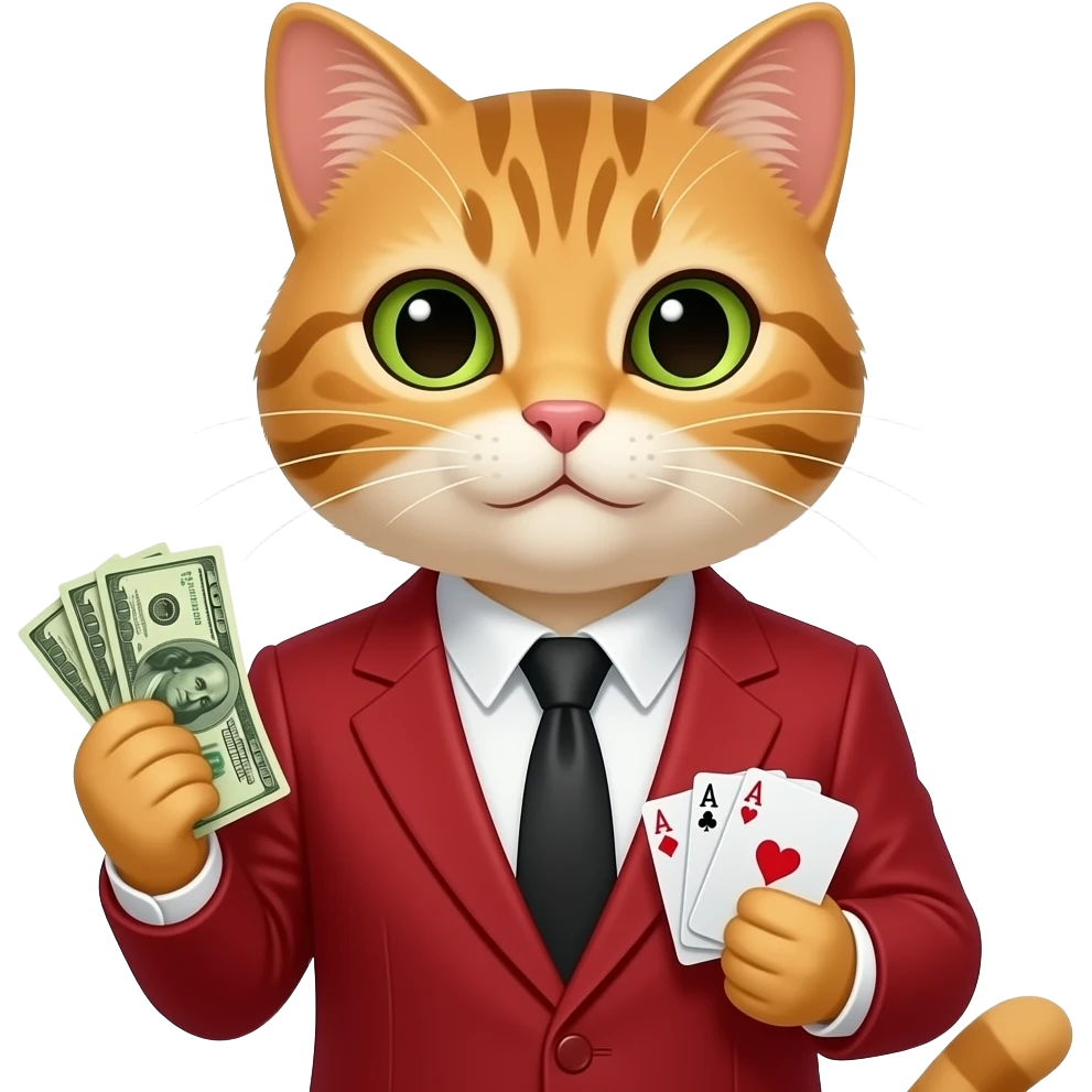 Gambler cat holding money, cards front facing half bust read blazer emoji