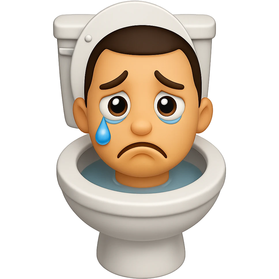 Create an image in the style of apple emojis of a toilet with a cartoonish, exaggerated head emerging from the bowl, looking sad with teary eyes and a downturned mouth. Use a transparent background. emoji