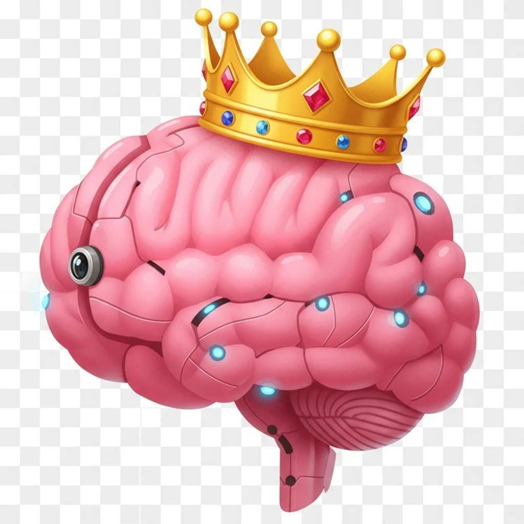 В той же стилистике сгенерируй иконку мозга-робота, на который надета корона, прозрачный фон emoji