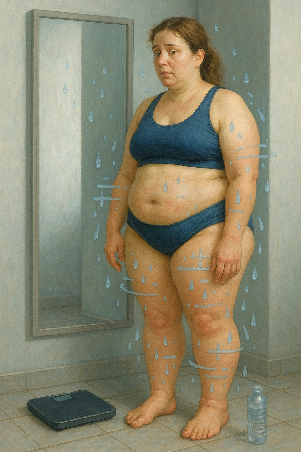 Donna tra i 30 e i 40 anni con viso e corpo leggermente gonfi, in piedi davanti allo specchio in abbigliamento sportivo o intimo. Le gambe, le caviglie e l’addome appaiono visibilmente gonfi, con lieve arrossamento o sensazione di pesantezza. Accanto a lei una bilancia e una bottiglia d’acqua mezza piena. Espressione stanca ma consapevole. In trasparenza o simbolicamente, piccole gocce d’acqua o flussi liquidi bloccati, per rappresentare la ritenzione. Colori freddi, luce naturale e ambiente domestico. Stile realistico, con accenti simbolici ben comprensibili emoji