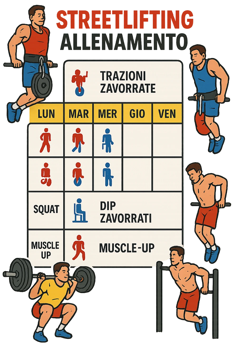 a streetlifting training sheet with icons for each exercise—weighted pull-ups, weighted dips, squats, muscle-ups—organized in a weekly schedule. Around the sheet, small illustrations show athletes performing each movement with proper form. The color palette is bold and energetic, and the background is clean and minimal. in italiano emoji
