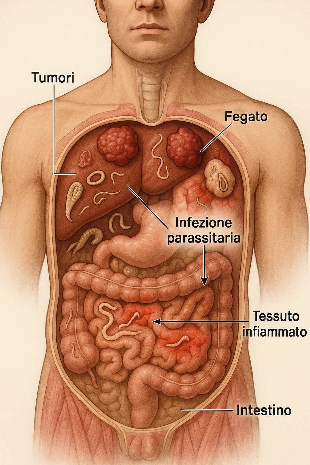 a cross-section of a man’s torso displays various types of parasites embedded in the liver, intestines, and other organs. Tumor growths and inflamed tissues are clearly depicted, with arrows or labels explaining the link between parasitic infection and health problems. The mood is cautionary and informative. in italiano emoji