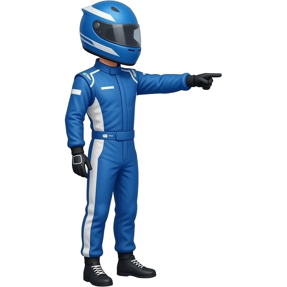 f1 racer posing with blue costume, using blue costume and helmet, full body side pose and pointing emoji