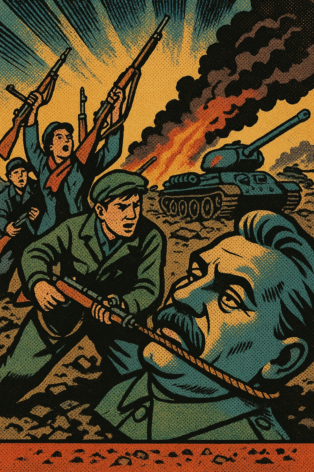 A picture of The Hungarian Uprising 1956 with the head of stalin's statue being pulled down by armed protestors with burnt out Russian tanks in the background emoji