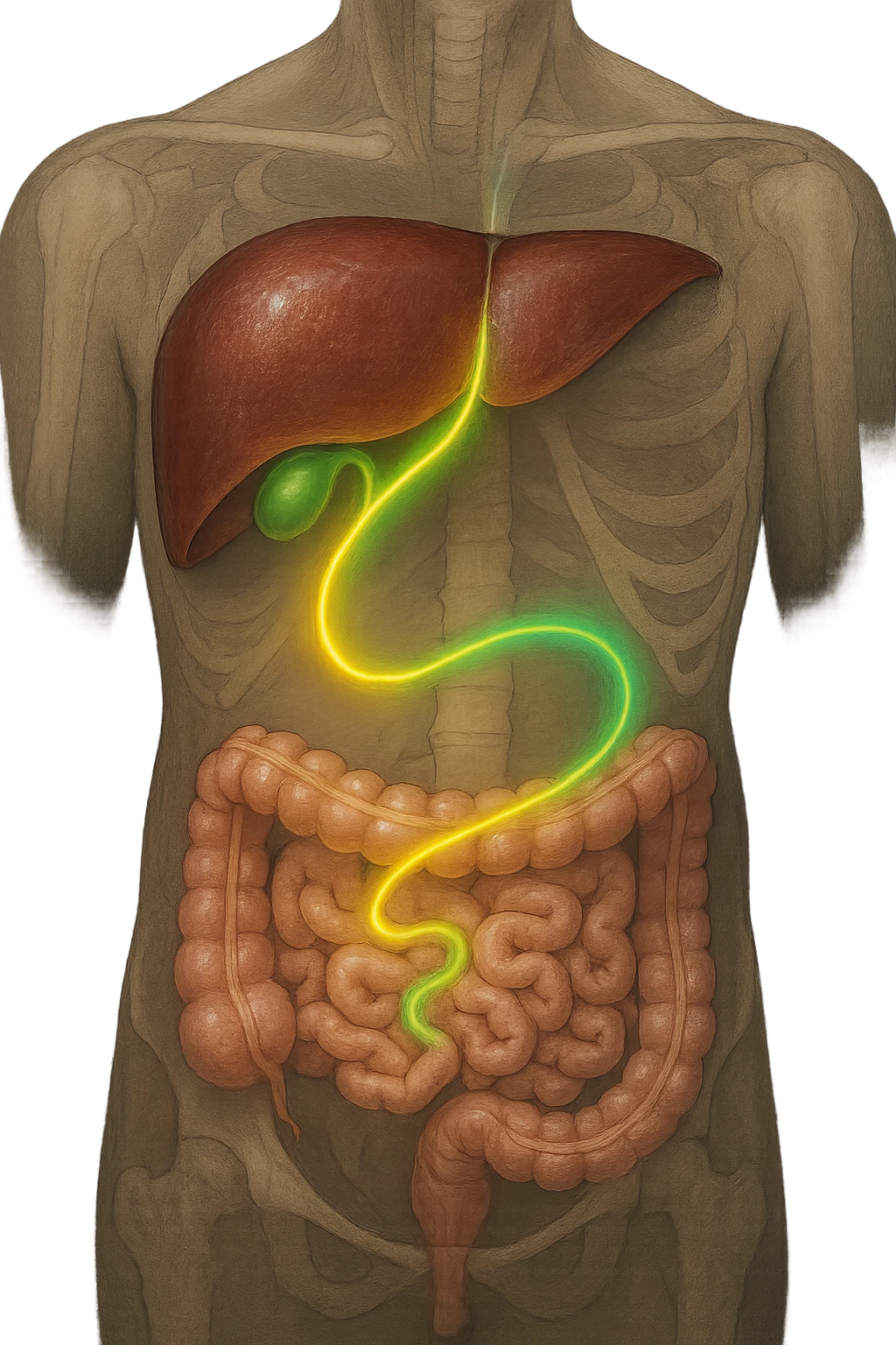 A detailed anatomical illustration-style image focusing on the human torso, highlighting the liver, gallbladder (cistifellea), and intestines. The organs are shown with realistic textures and colors: the liver in deep reddish-brown, the gallbladder as a small greenish sac tucked under the liver, and the intestines in soft pinkish hues. Connecting these organs are glowing, semi-transparent lines or light trails in vibrant colors (e.g., bright yellow or green) that visually trace the functional and physiological links between them. The lines flow smoothly from the liver to the gallbladder and then down to the intestines, symbolizing bile flow and digestive processes. The background is a subtle dark gradient that enhances the brightness and clarity of the lines and organs. The style is a blend of medical illustration and modern digital art, clear, precise, and visually engaging emoji