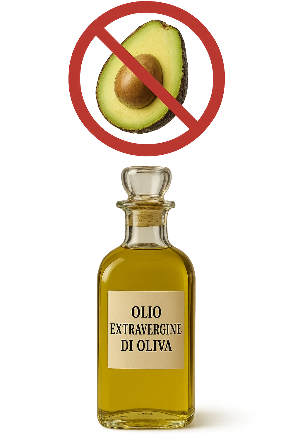 BOTTIGLIA DI OLIO EVO CON LA SCRITTA "OLIO EXTRAVERGINE DI OLIVA" SULL'ETICHETTA E AVOCADO CON DIVIETO SOPRA,  iperrealistico 4k emoji