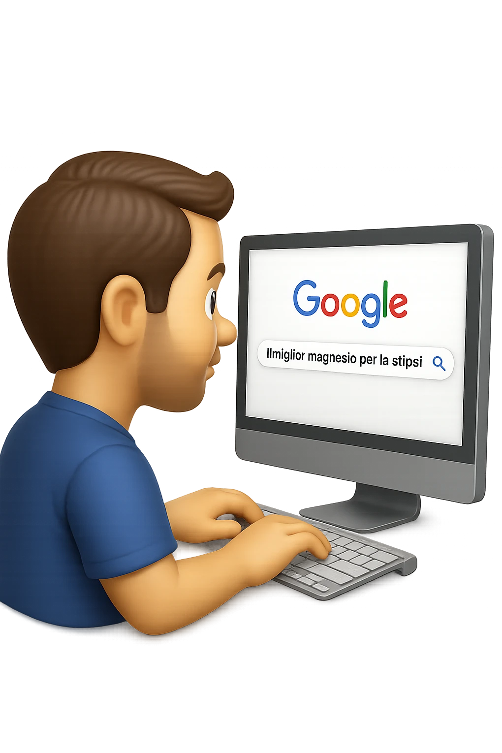 emoji stile iphone di un uomo davanti al pc che cerca di google: "Il miglior magnesio per la stipsi", iperrealistico 4k emoji