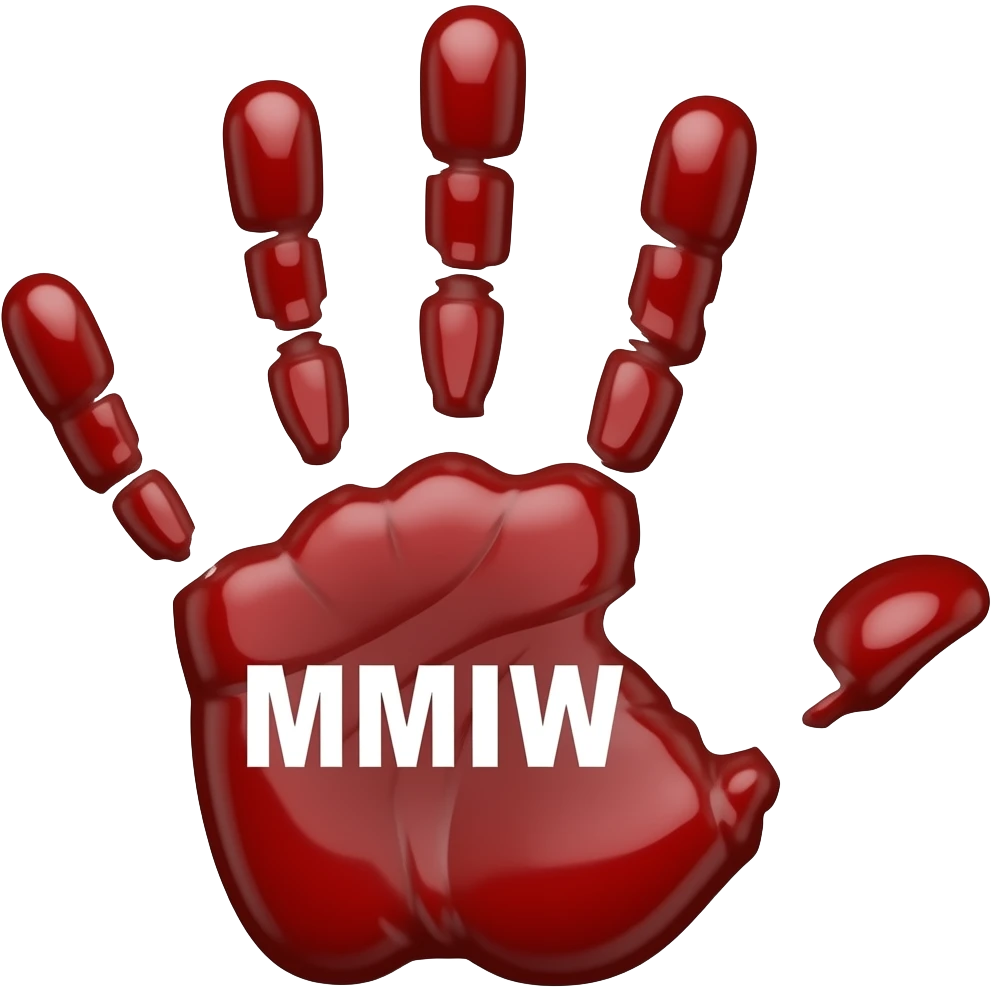 bloody hand print with the word MMIW in white on palm emoji