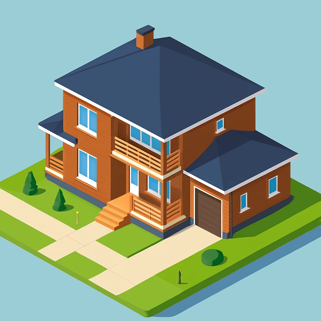 isometric illustration of the building. 3D isometric infographic design. Clean lines, bright and saturated colors, minimal unnecessary details. View from above at an angle (isometric), showing the roof, facade, and part of the surrounding area. Soft shadows, daylight lighting, no harsh contrasts. Background should be solid (blue, gray, or light tone). Add a small area around the building (roads, tiles, grass) so the building looks complete. Accurately represent the architectural features of the building (roof shape, facade, colors). Final style should be neat and polished, similar to posters or educational infographics. emoji
