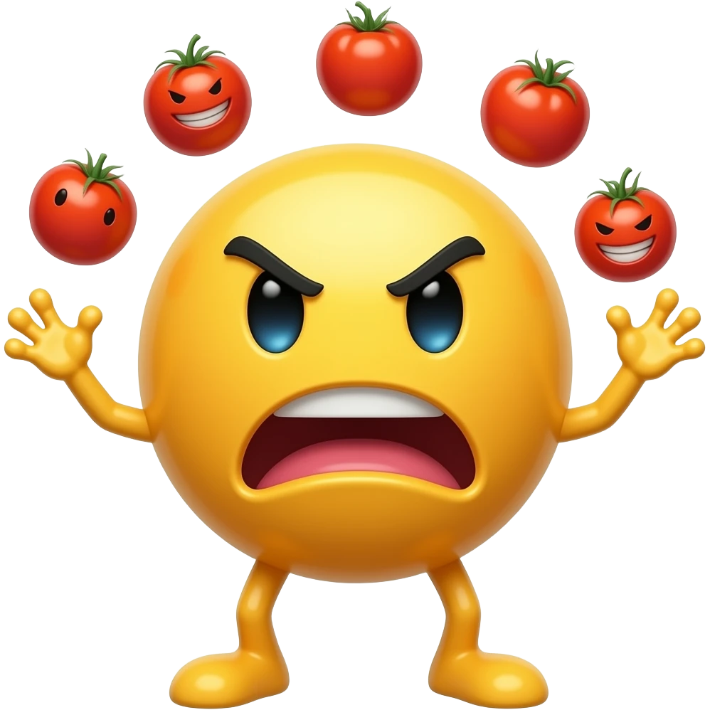 Yellow smiley throwing tomatoes at you in a mean way like bashing someone like they're booing you emoji