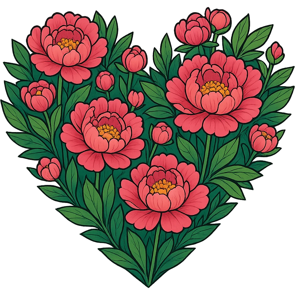 heart with a vibrant peony garden, clean digital illustration, remove background emoji