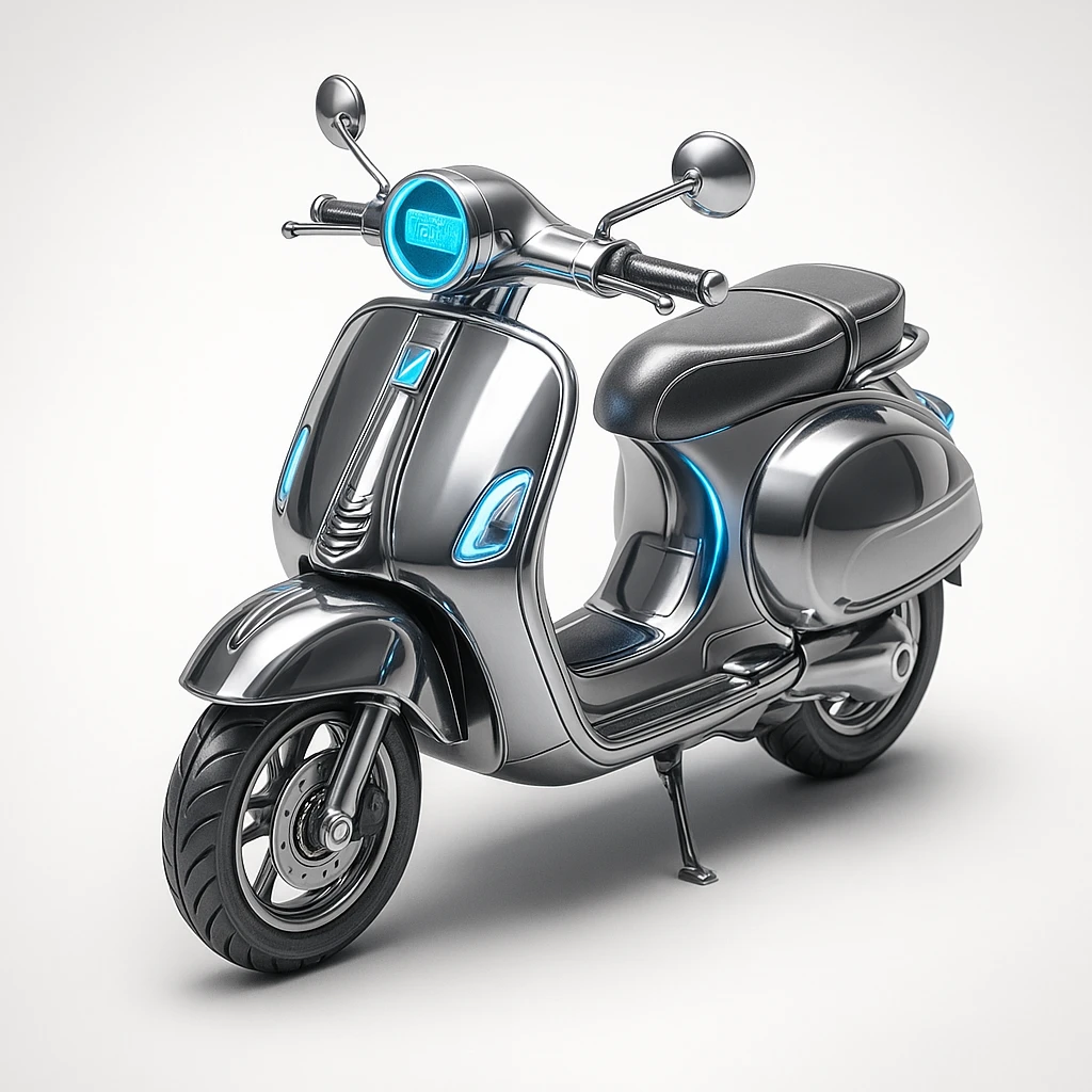 A Vespa scooter icon in a futuristic style, with a metallic silver body, glowing blue accents, and a high-tech digital display on the handlebars. emoji