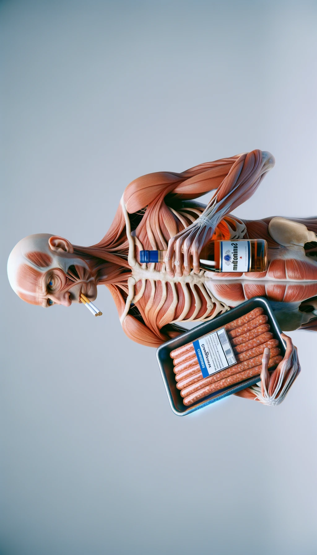 CORPO UMANO ANATOMICO CHE TRA LE BRACCIA SIGARETTE, ALCOL E WURSTEL CONFEZIONATI, LI GUARDA CON ESPRESSIONE INDECISA IN VOLTO, NEUTRAL CLEAR BACKGROUND, iperrealistico 4k emoji
