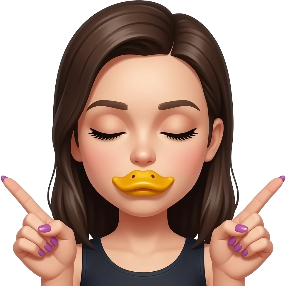 Emoji with eyes closed with big eyelashes, big duck lips, and hands on side pointed down with long painted nails emoji