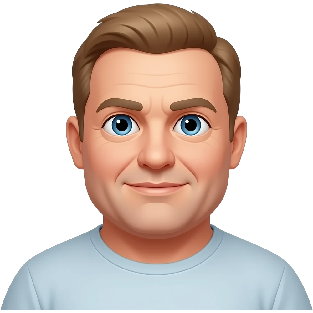 50 year old obese man with very short light brown hair, bald on top, and blue eyes emoji