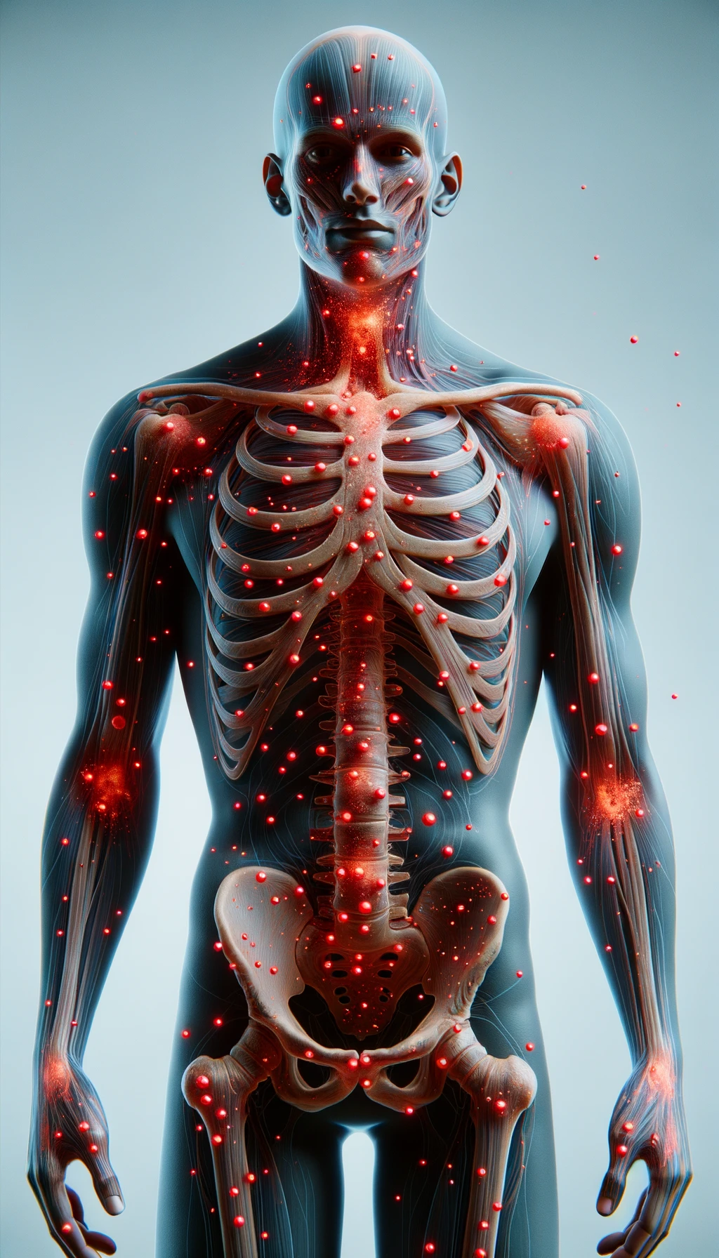 CORPO UMANO ANATOMICO CON RED SPOT DI INFIAMMAZIONE SPARSI SUL CORPO, SFONDO CHIARO, iperrealistico 4k emoji