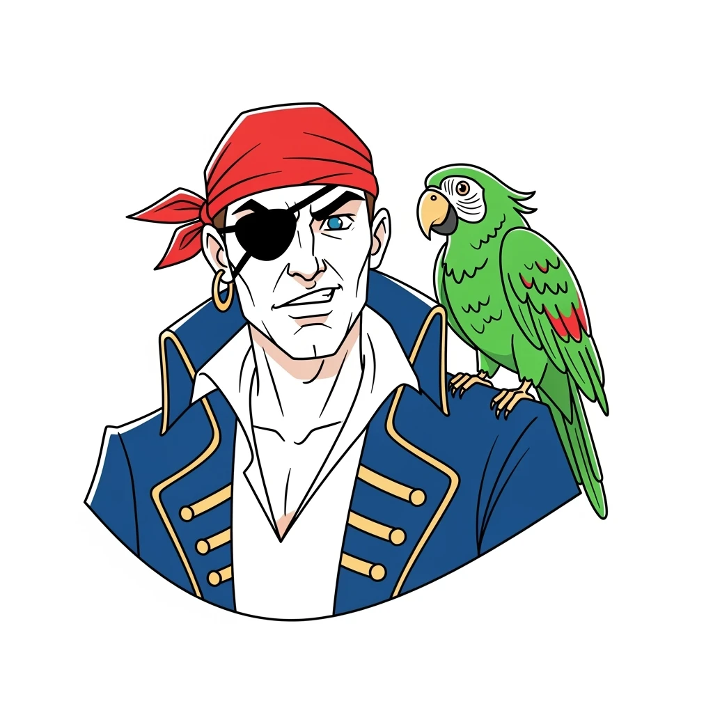 color vector art with thin outline of pirate with eye patch and parrot on shoulder  emoji