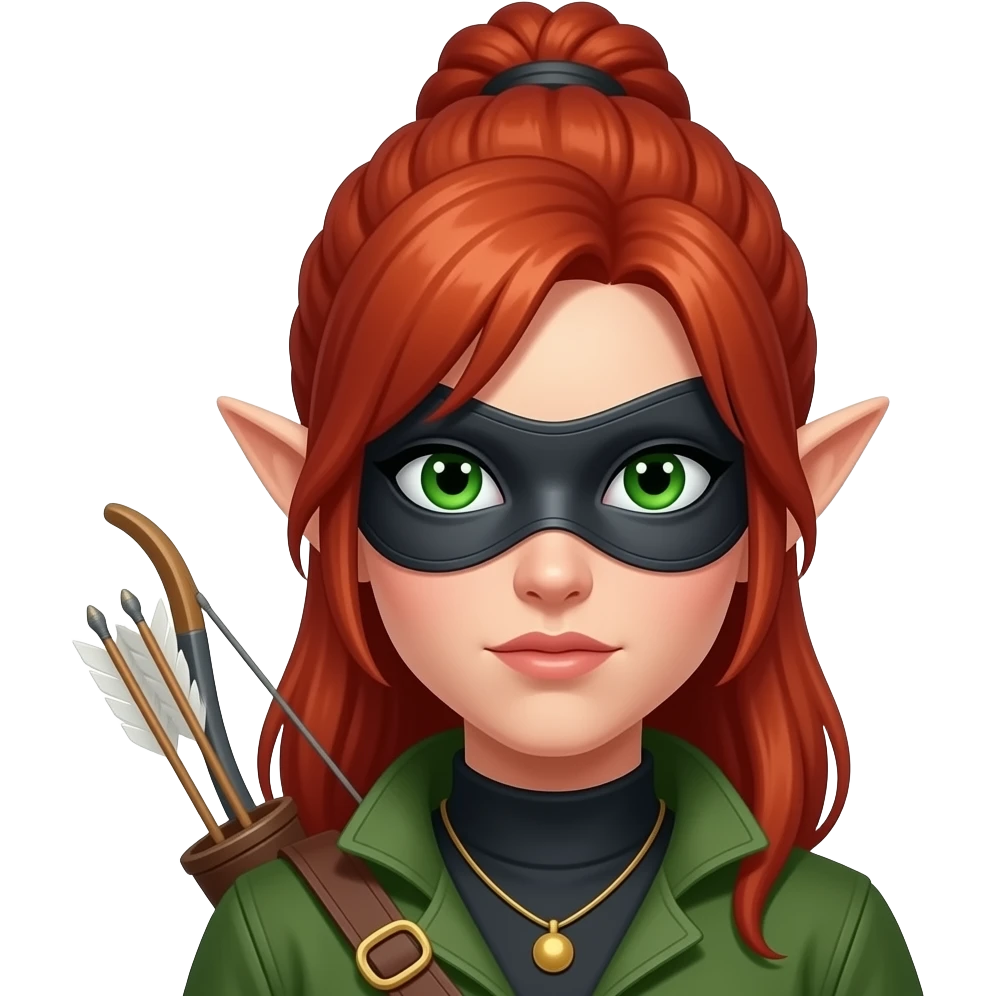 femme rousse aux yeux verts, cheveux tressés attachés ensemble au dessus de la tête, ressemble à une elfe, archère, voleuse avec un masque qui cache ses yeux emoji
