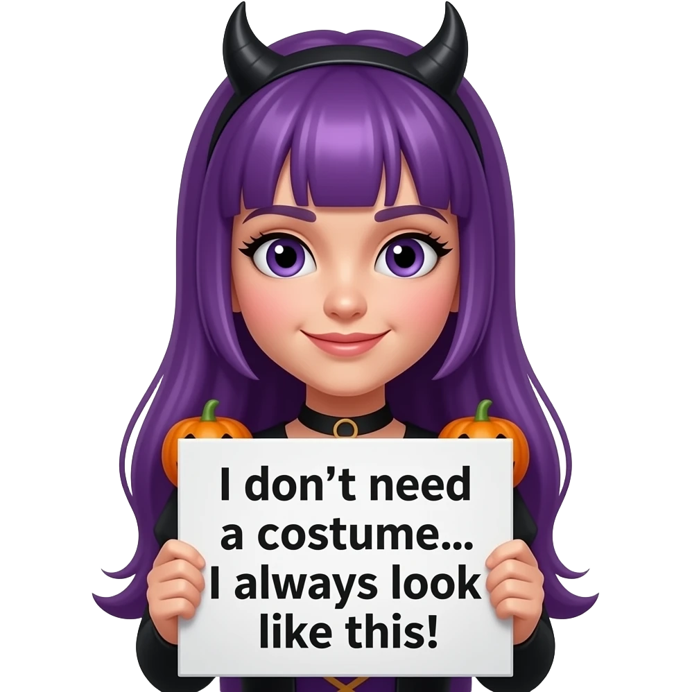 girl with long purple hair wearing a halloween costume holding a Ich brauche KEIN KOSTÜM... Ich sehe immer so aus! sign emoji