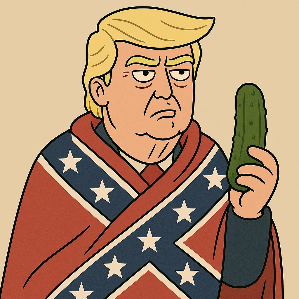 Donald Trump with a confederate flag draped over his shoulders and holding a pickle, cartoon style emoji