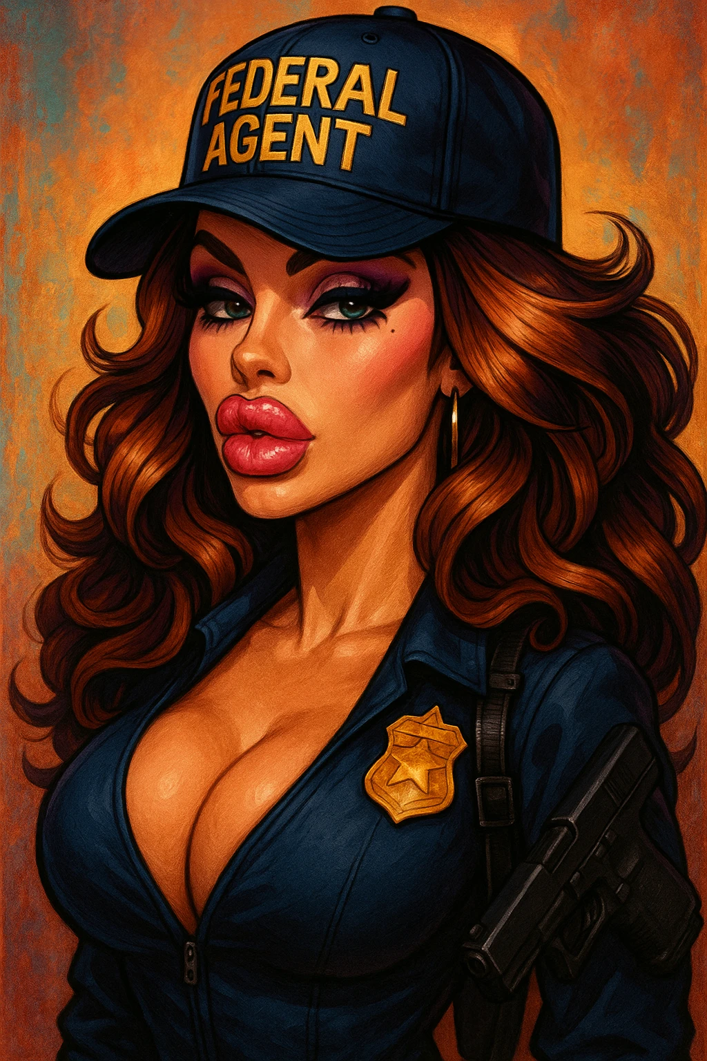 A glamorous female federal agent with exaggerated lips, big hair, a baseball cap labeled 'Federal Agent', dramatic makeup, and a large chest, stylized, detailed, vibrant colors emoji