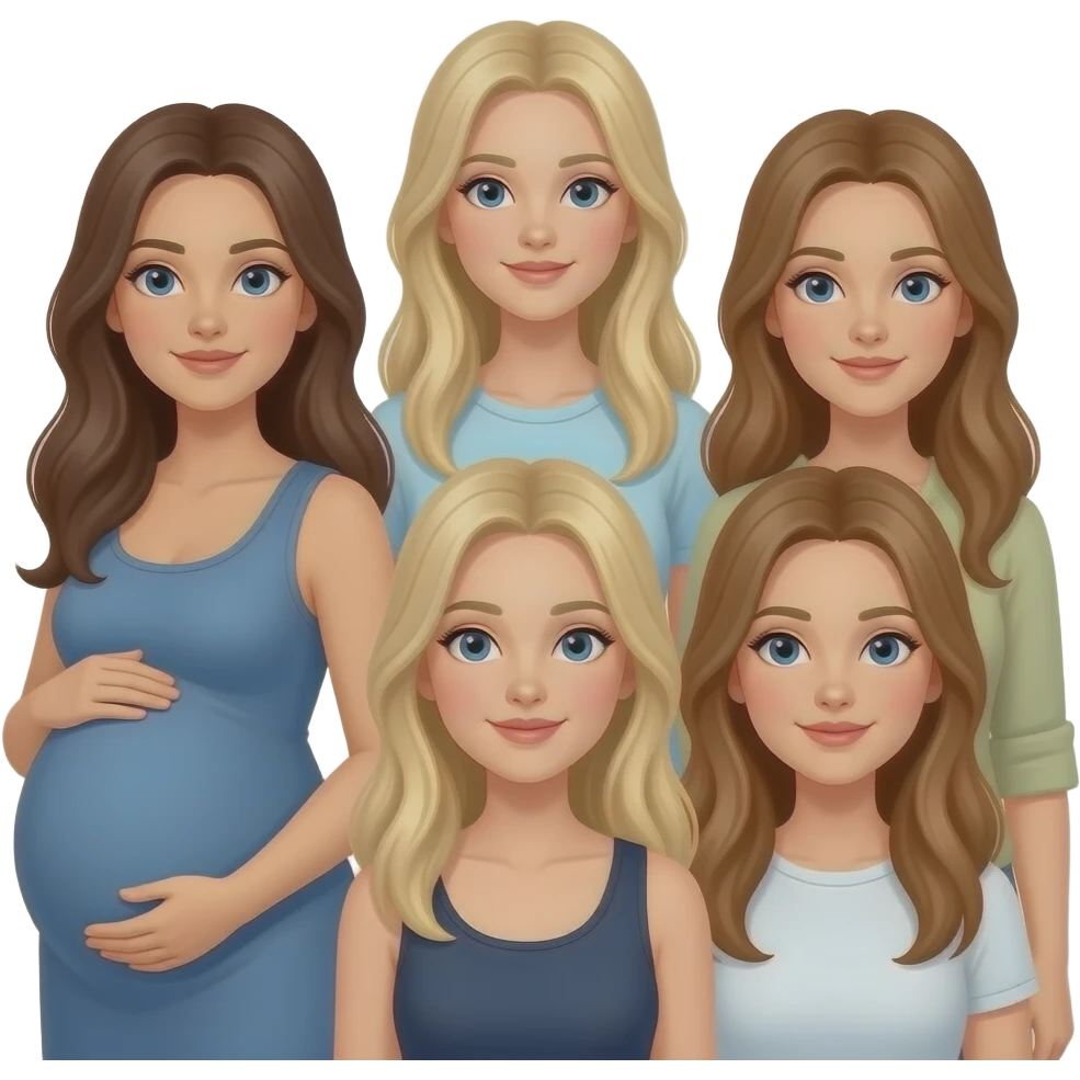 5 caucation girl friends long hair : a brunette who is pregnant, a dirty blonde tall thin, a blonde thin, a dirty blonde thin, a brunette emoji