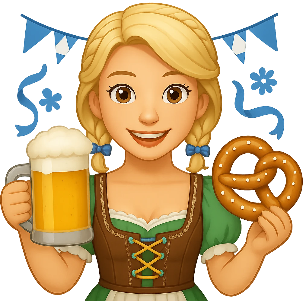 Add Oktoberfest props including a beer stein, pretzel, and blue-and-white decorations to the image. Keep the background transparent. The style should be consistent with the original image. emoji