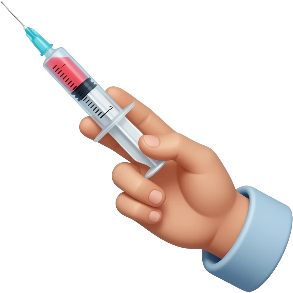 A dainty male hand holding a syringe with glowing neon-red-blue liquid inside emoji