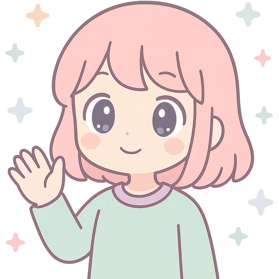 anime girl waving, soft pastel colors, gentle smile, large eyes emoji
