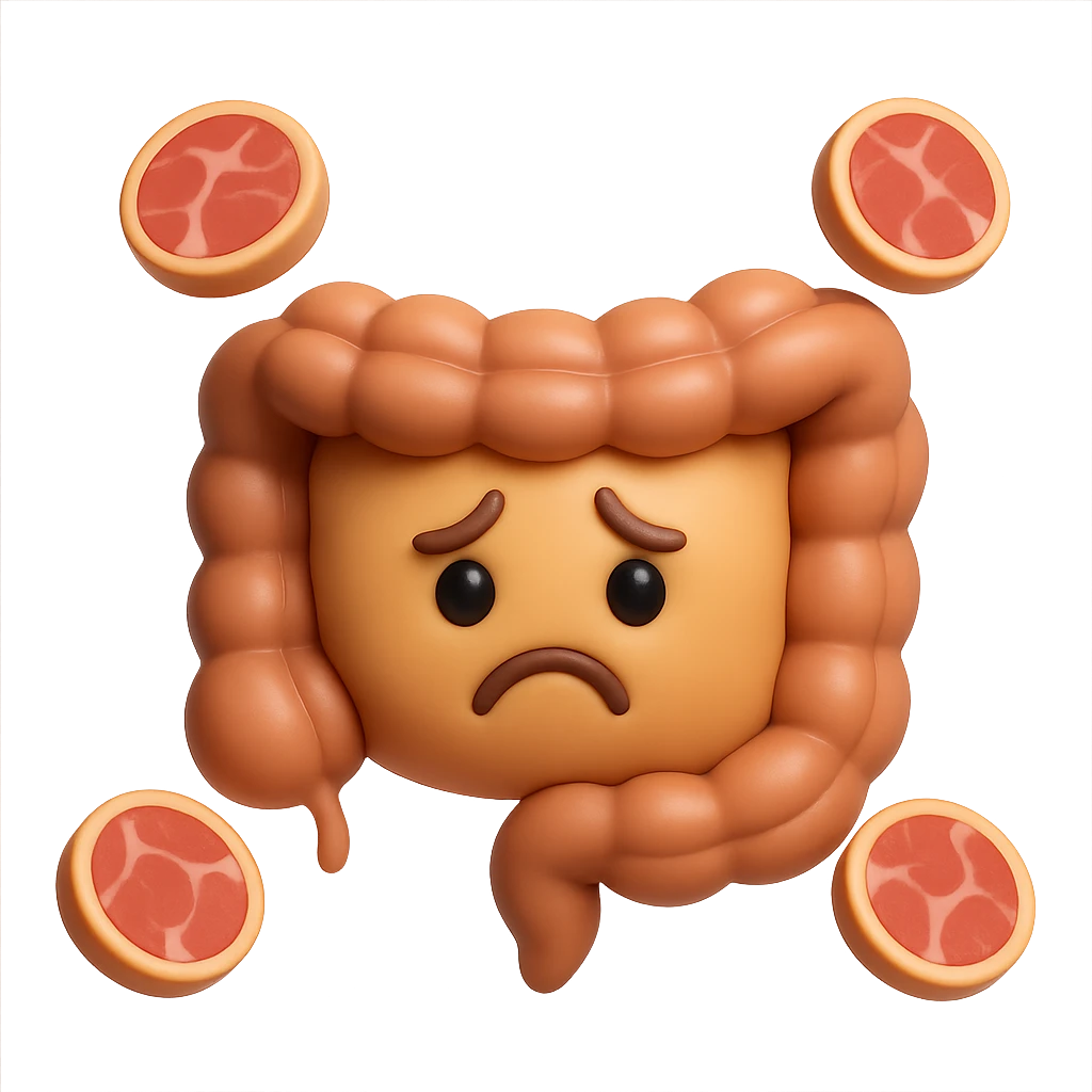 emoji stile iphone in 3d di un intestino triste con fette di carne che gli fluttuano intorno emoji