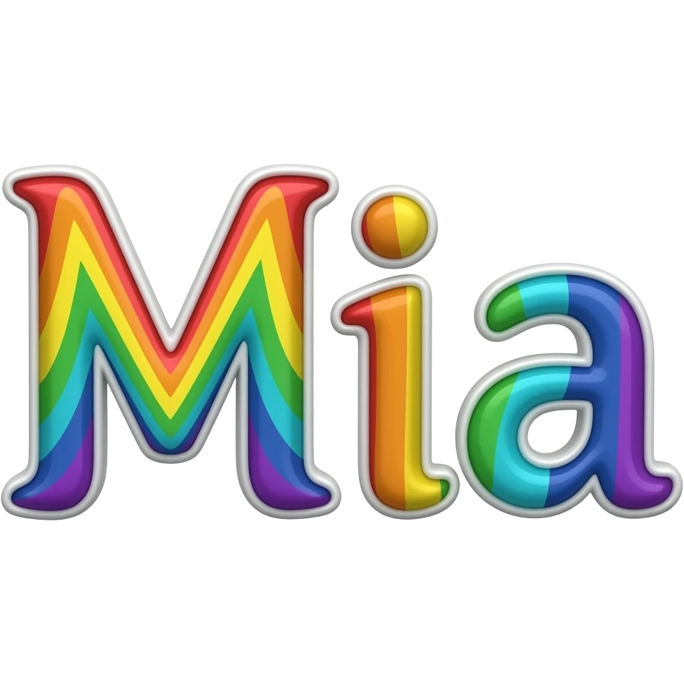 name "Mia" in black typography lettering, each color of the rainbow as a border outlined around each letter, isolated, 3d rendering, no emoji icons no emoji faces and must have no human figures emoji