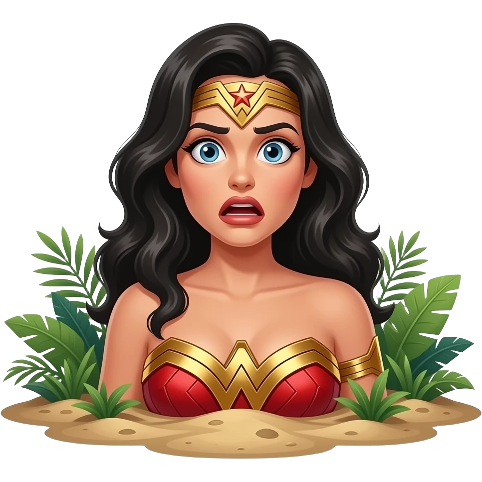 a shocked terrified voluptuous wonder woman chest deep in jungle quicksand emoji