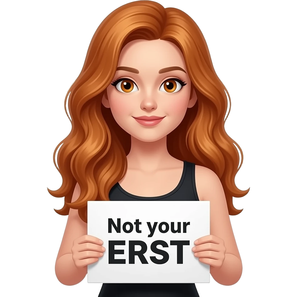 sexy girl with long wavy ginger hair and ginger eyes wearing a black tanktop is holding a white colored sign with Not your ERNST written on it emoji