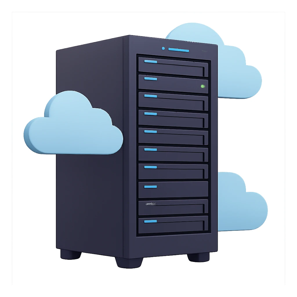 Add cloud elements around the AI server, keep the modern technology theme, maintain a clean and simple look, preserve transparent background. The style should remain clean and modern with a transparent background as in the original image. sticker