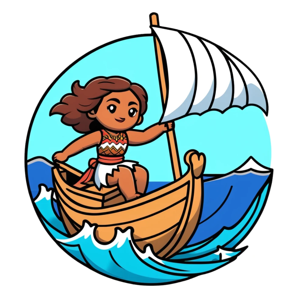 Moana sailing on her boat with ocean waves sticker