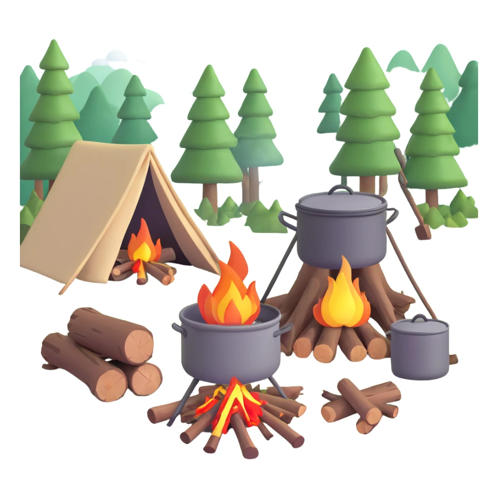 bushcraft campfire with cooking pot, wood logs, forest setting sticker