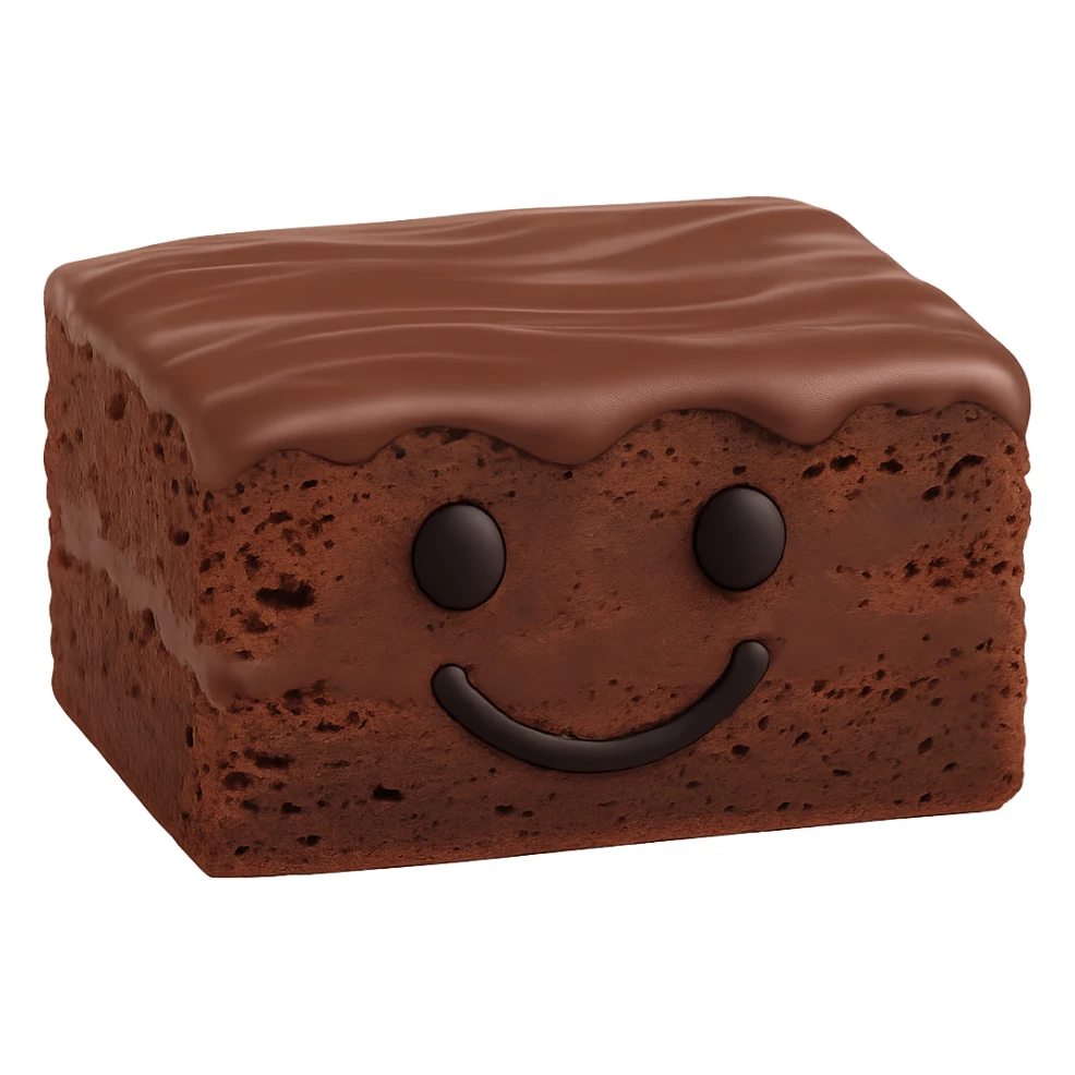 Make the chocolate brownie shorter and more rectangular, less square. Keep the black smiley face and both black eyes exactly as they are. Maintain the transparent background. The style should resemble the original chocolate brownie image provided. sticker