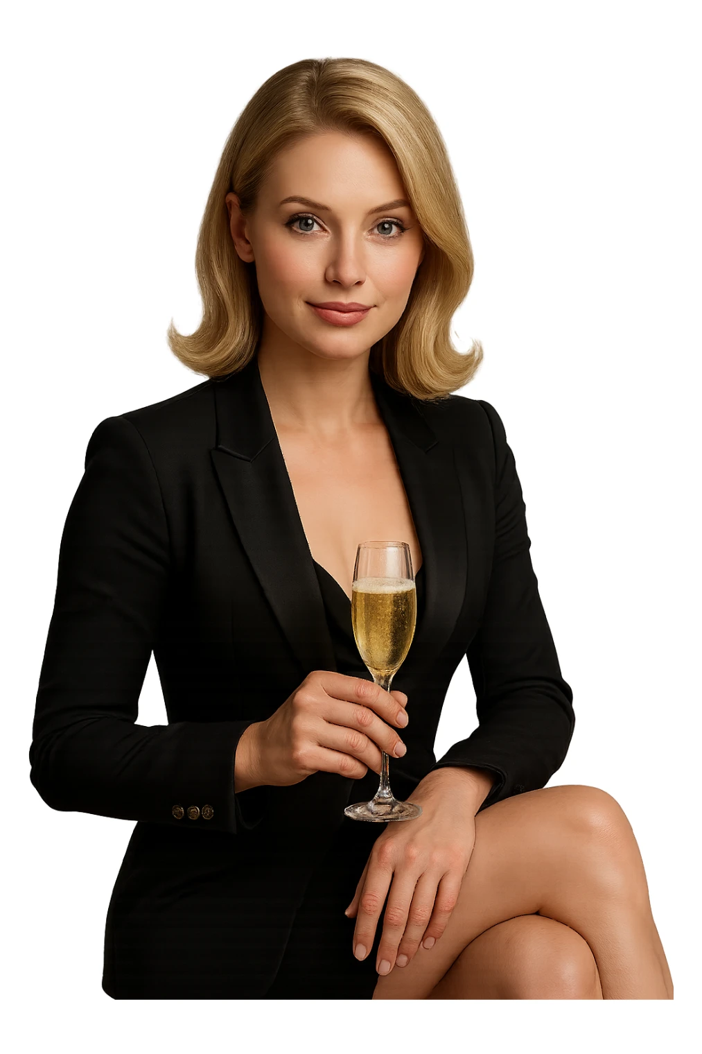 Create a hyper realistic glamorous model with a champagne glass, sitting pose, in the style of apple emojis with no background. The style should reflect the iconic apple emoji look with smooth, polished, and vibrant colors, but with hyper realistic details and textures. sticker