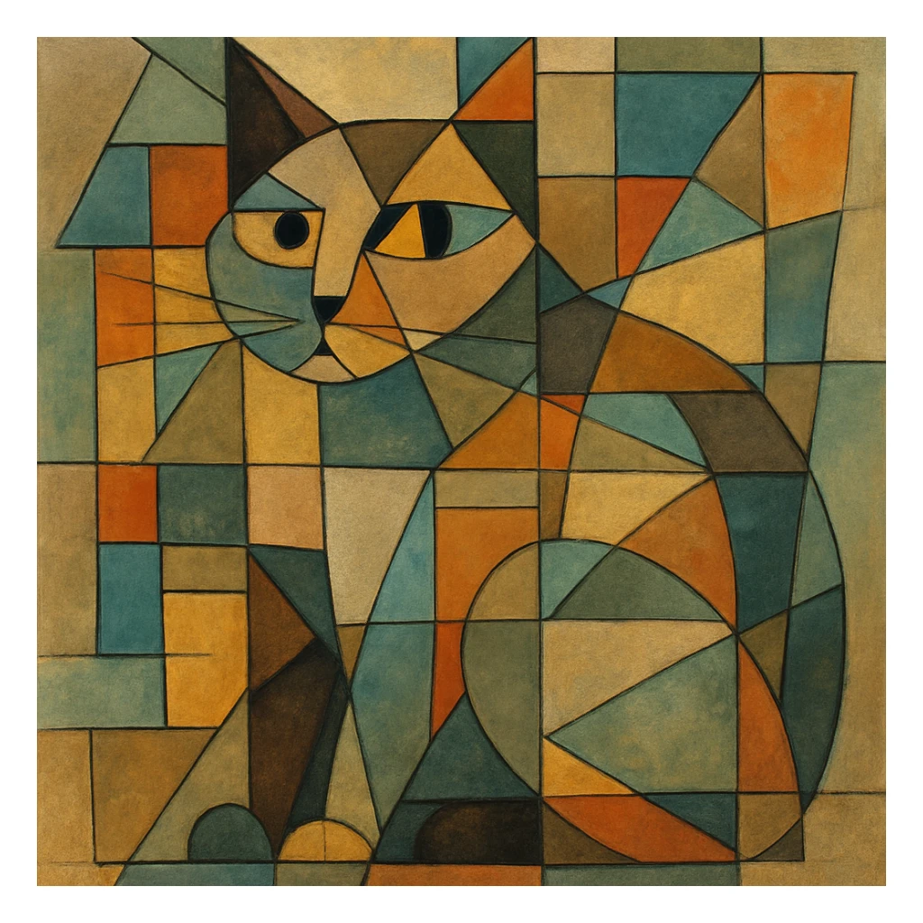 {
  "style_description": {
    "name": "Cubist Abstraction",
    "overall_look": "Deconstructed, multi-perspective abstraction with intersecting geometric planes",
    "composition": {
      "structure": "Fractured and fragmented shapes that overlap and intersect",
      "perspective": "Multiple simultaneous viewpoints, often distorted or rotated",
      "layout": "Asymmetrical, collage-like arrangement of visual elements"
    },
    "geometry": {
      "shapes": ["rectangles", "triangles", "trapezoids", "irregular polygons"],
      "edge_style": "hard, angular lines with minimal curves",
      "dimensionality": "flattened depth with layered planes"
    },
    "color": {
      "palette_type": "muted and earthy tones with occasional vivid accents",
      "application": "flat fills, overlapping transparencies, and color-blocked segments",
      "shading": "minimal or abstract, without realistic gradients"
    },
    "texture": {
      "use": "optional",
      "types": ["paper grain", "brushstroke pattern", "canvas roughness"],
      "purpose": "to evoke an analog, hand-rendered quality"
    },
    "subject_treatment": {
      "representation": "symbolic and abstract rather than literal",
      "distortion": "intentional exaggeration and fragmentation of form",
      "focus_on": ["structure", "form relationships", "compositional rhythm"]
    },
    "background": {
      "style": "integrated with subject forms",
      "purpose": "to emphasize the composition rather than isolate figures"
    },
    "render_constraints": {
      "avoid": ["realistic lighting", "photorealism", "perfect symmetry"],
      "encourage": ["overlapping shapes", "multi-angle views", "abstract composition"]
    }
  }
}

{subject} = cat sticker