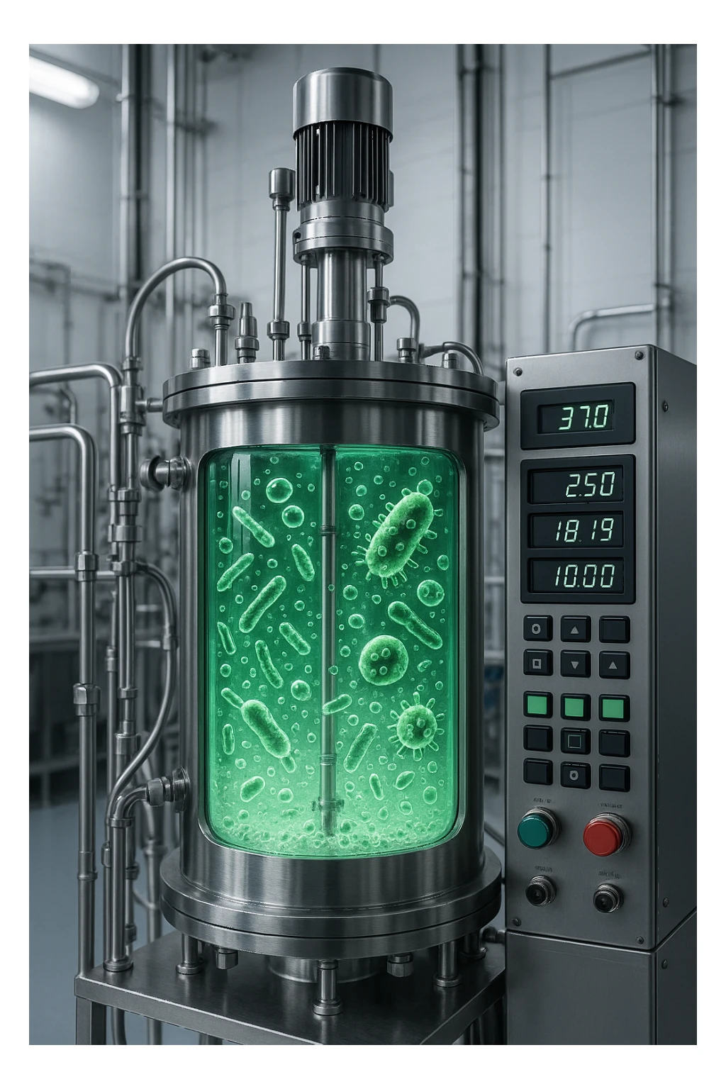 a big biofermentor with transparent section showing bubbling liquid and microbes inside, modern equipment sticker